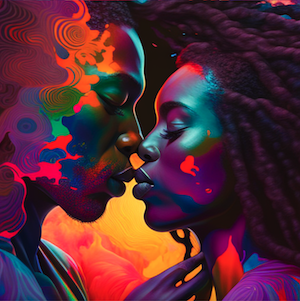 black couple artsy kissing psychedelic background