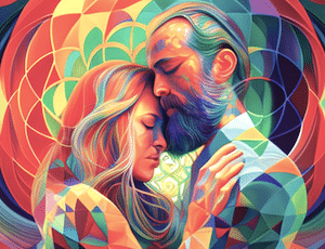 couple embracing psychedelic art