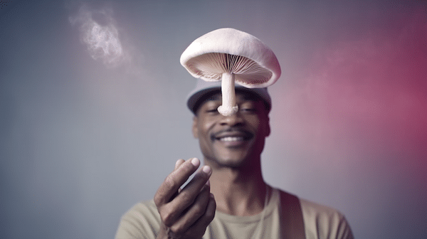 african american man magic mushroom in front of his face