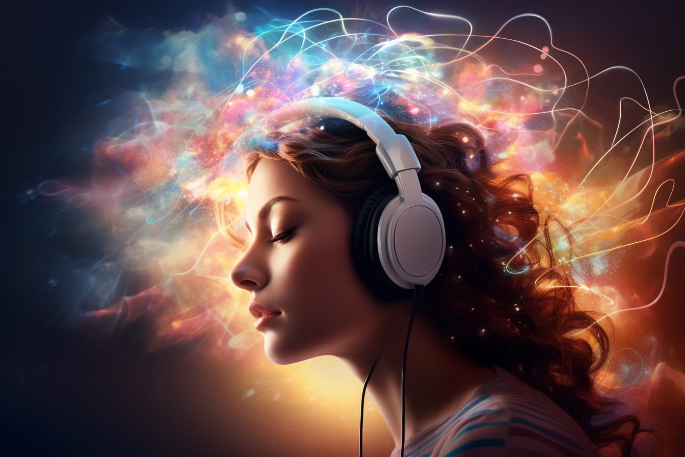 psychedelic music girl listening to head phones-min