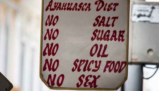Image of a sign that says Ayahuasca diet: no salt, no sugar, no oil, no spicy food, no sex